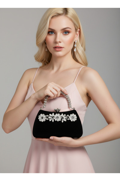 Biçanta Siyah Süet Kristal Taşlı Abiye Çanta - Lüks ve Işıltılı Şıklık