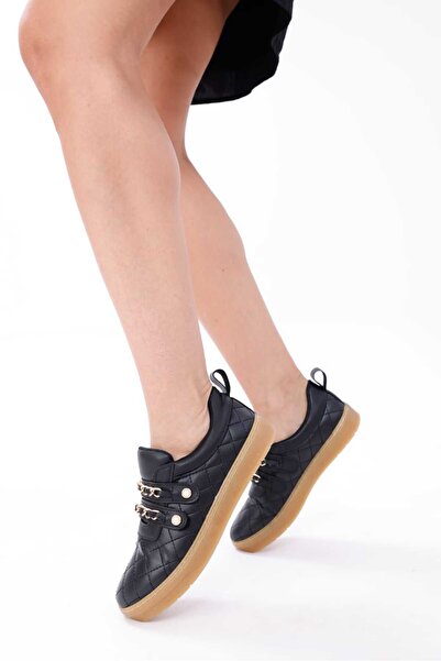 RASEAL SHOES Kadın Sneaker Rahat Altın Renkli Zincir ve İnci Detaylı Cırtlı Spor Ayakkabı Siyah