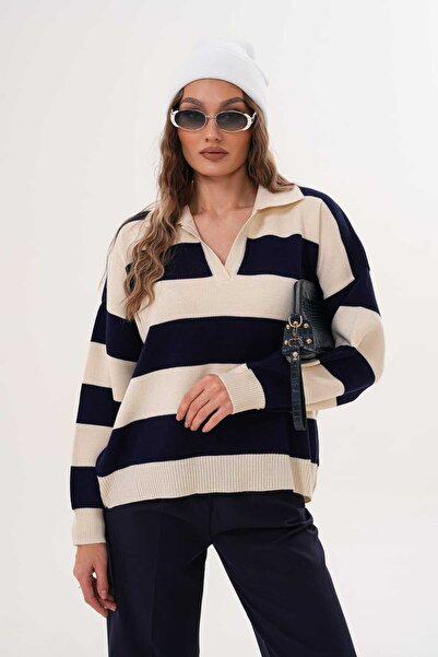 Laressi Pulover tricotat cu guler polo cu dungi late