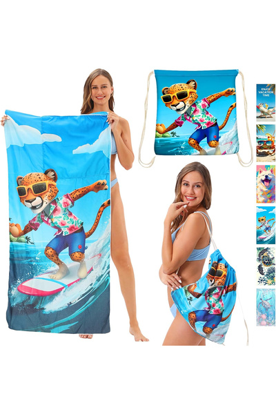 YOUYIKE Prosop de plajă din microfibră cu model Panther 70 x 140 cm și rucsac textil