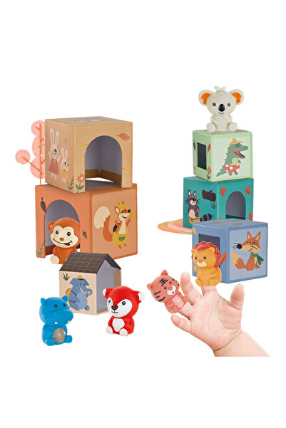 buz Montessori Tower, 6 cardboard cubes, stackable with shapes, numbers and animals, 3 years