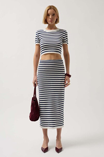 Maxi modena Striped Midi Textured White-Navy Blue Skirt - 38