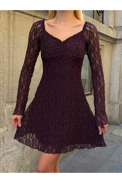 MetuCA Γυναικείο καφέ μακρυμάνικο φόρεμα με λαιμόκοψη σε σχήμα καρδιάς, με κο...