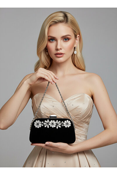 Biçanta حقيبة سهرة نسائية من جلد الغزال باللون الأسود مع سلسلة مفصلة ومقبض سل...