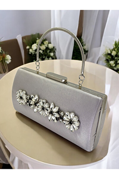 Biçanta Ασημί γκρι κρυστάλλινη πέτρα σατέν τσάντα βραδινού φορέματος, κομψότητα με μεταλλική λαβή