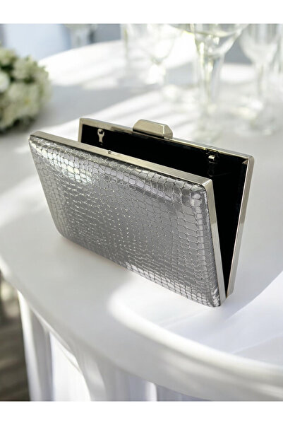 Biçanta Platinum Imported Crocodile Laser Glitter Patterned Evening Dress Bag