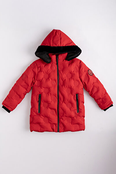 Enucuzburası Kız Çocuk Kapüşonlu Smiley Desenli Kürklü Şişme Mont Kırmızı – S...