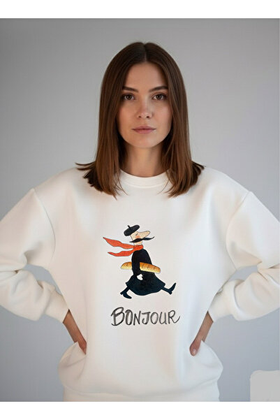 LORVEX سويت شيرت أبيض برقبة دائرية للجنسين من بونجور قصة فضفاضة