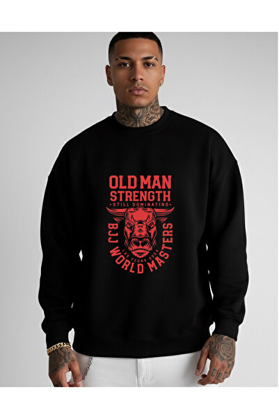 LORVEX Унисекс мъжка бяла суитшърт с надпис „Old Man Strength“ и голям десен