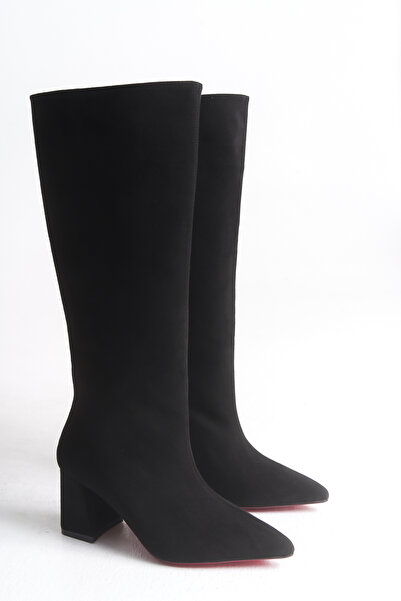 LEVONYA Kadın Siyah Süet Topuklu Çekme Çizme