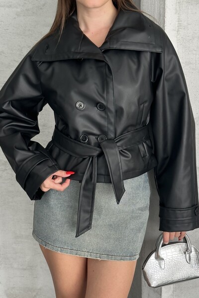 moda armanc Jachetă din piele pentru femei - Palton crop din piele artificial...