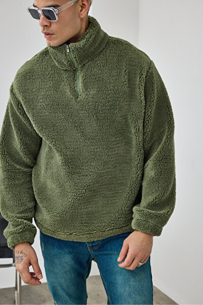 MADZEYMODA Ανδρικό φούτερ Premium ψηλός λαιμός με μισό φερμουάρ σε σκούρο πράσινο βελούδινο χρώμα LS-86081