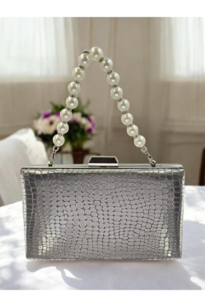 Biçanta Platinum Imported Crocodile Laser Glitter Patterned Pearl Detailed Evening Dress Bag