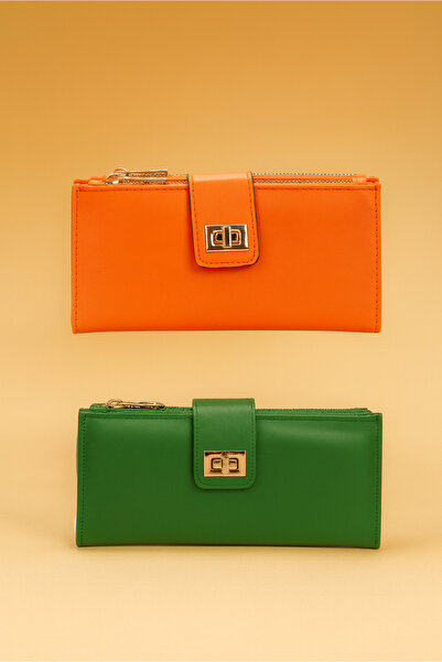 Adelina Bags 2-Pack Wallet Women's Wallet with Wrist Strap Paper Coin and Card Holder Compartments Orange and Green Wallet