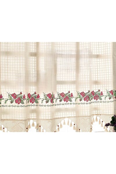 Buldan Tekstil Curtain, Buldan, cotton and linen, embroidered, with tassels, Red Roses