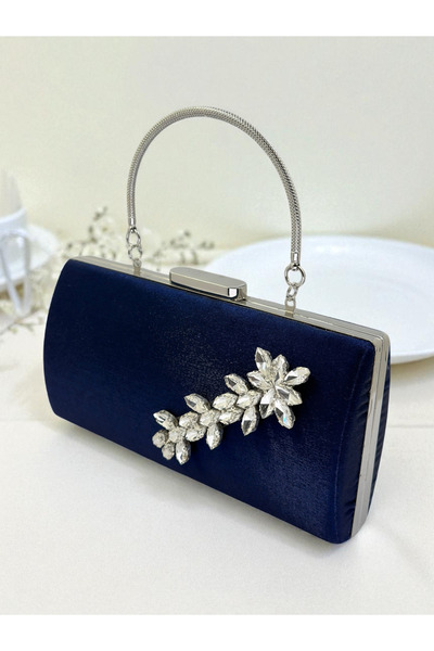 Biçanta Синя кришталева сумочка з атласу з срібними камінцями, металева ручка, елегантність