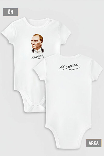 Overoz Ataturk Front and Atatürk Signature Back B Printed Snap Fastener Short Sleeve Baby Bodysuit 5110-5111