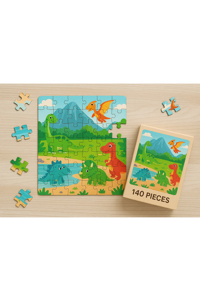 EXİN Dinozor Temalı 140 Parça Ahşap Puzzle – 3 mm MDF UV Baskı | Çocuk Eğitici Zeka Oyunu