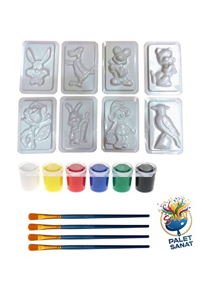Palet Sanat Alçı Kalıbı, Seramik Kalıbı, 8 Farklı Model, Iş Eğitimi, El Sanatları 6lı Boya 4 Adet Fırça