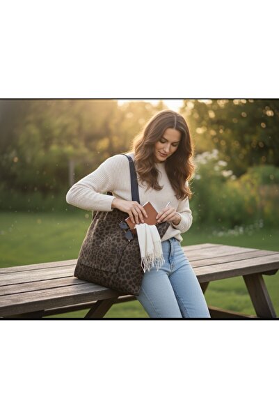 in steilla Leopar Desenli Kanvas Kumaş Bez Çanta 40x50 cm..