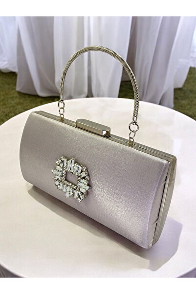 Biçanta Ασημί γκρι κρυστάλλινη πέτρα σατέν τσάντα βραδινού φορέματος, κομψότητα με μεταλλική λαβή