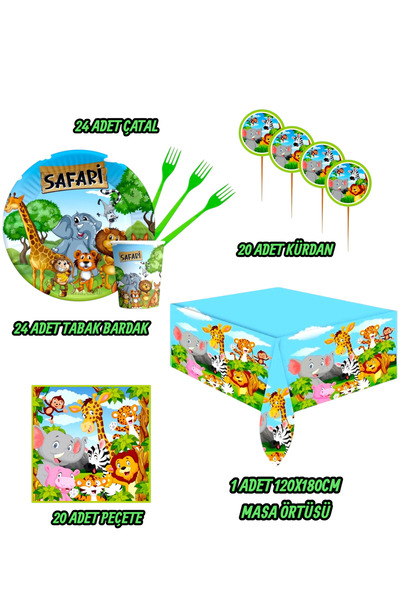 Evabrite Safari Animal Printed Birthday Party Set for 24 People - Safari Concept Table Decorations
