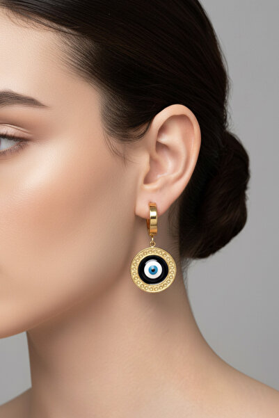 Modacaprea Çelik Nazar Boncuklu Yuvarlak Klipsli Kadın Küpe I Karamaz Kadın Gold Çelik Küpe