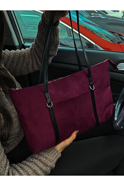 LİZZY BAG Geantă de umăr shopper cu dungi din piele intoarsa