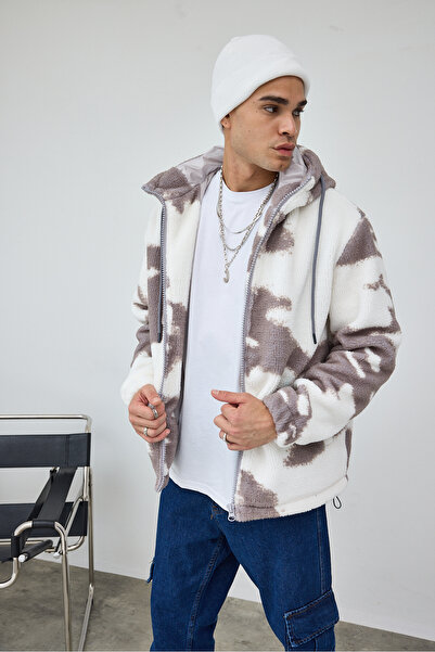 MADZEYMODA Premium ανδρικό παλτό με κουκούλα με σχέδιο σύννεφο γκρι βελούδινο LS-89934