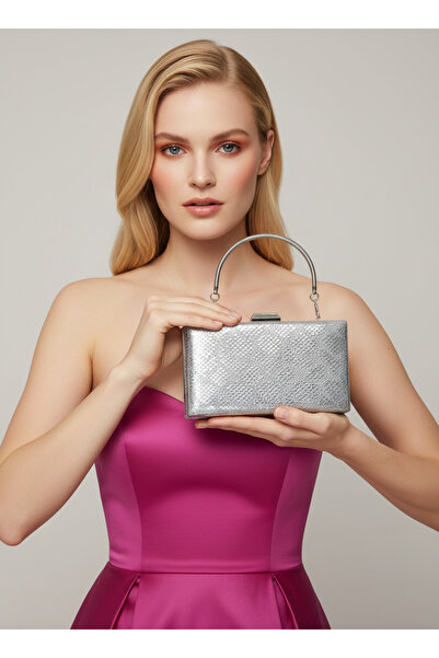 Biçanta Silver Imported Snake Laser Glitter Patterned Evening Dress Bag