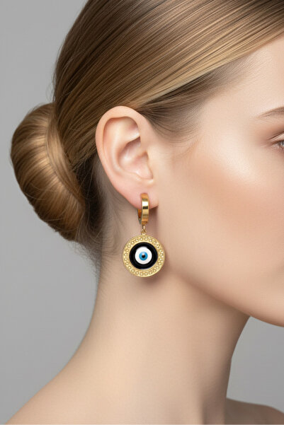 Modacaprea Çelik Nazar Boncuklu Yuvarlak Klipsli Kadın Küpe I Karamaz Kadın Gold Çelik Küpe