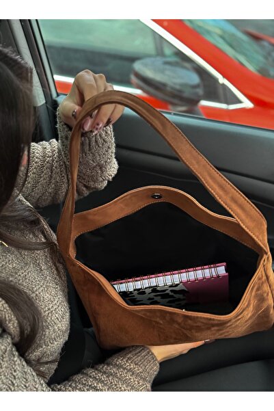 LİZZY BAG Süet Luna Mocha Postacı Formu Salaş Omuz Çantası