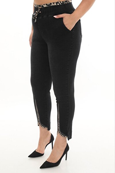 ZANESSI بنطلون نسائي مقاس كبير ذو أرجل ضيقة وتفاصيل حجرية على شكل جلد الفهد و...