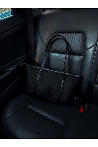 LİZZY BAG Geantă de umăr shopper din piele intoarsa neagra, cu dungi