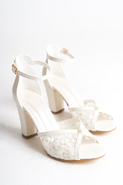 FOLLOWIN Women's Bride Lace Pearl Detailed Thick Heeled Wedding Wedding Bridal Shoes