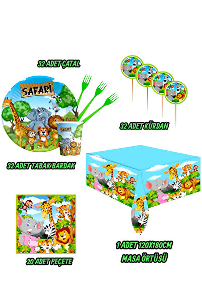Evabrite Safari Animal Printed Birthday Party Set for 32 People - Safari Concept Table Decorations