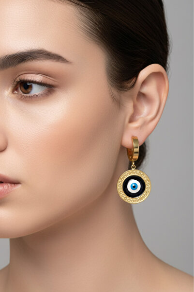 Modacaprea Çelik Nazar Boncuklu Yuvarlak Klipsli Kadın Küpe I Karamaz Kadın Gold Çelik Küpe