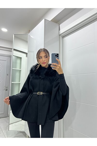 GM Butikk Kadın Siyah Premium Kürk Detaylı Kemerli Panço