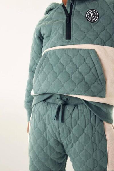 Magu Boy's Cotton Quilted Hooded Tracksuit Set - Green Beige Color