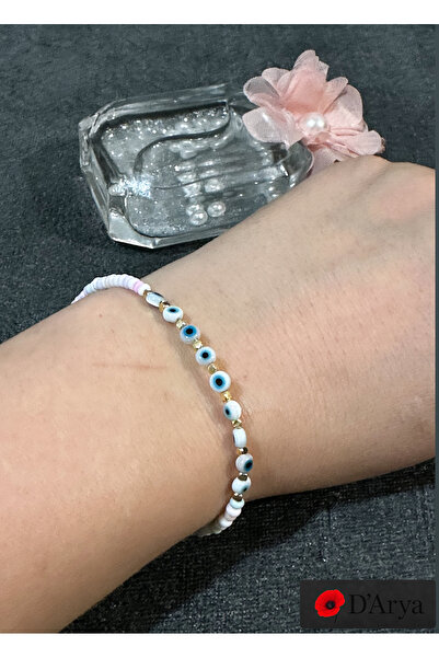 Darya Dd569 Mini White Evil Eye Beaded Gold Detailed Bracelet