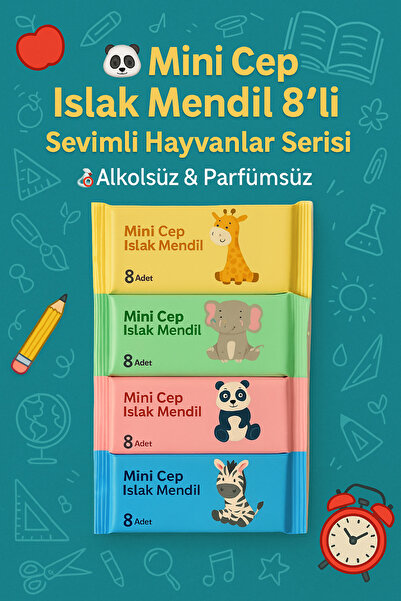 Tuppee Mini Cep Islak Mendil 1 Adet 8’li – Sevimli Hayvanlar Serisi – Alkolsüz & Parfümsüz