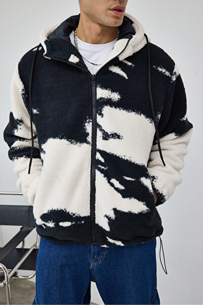 MADZEYMODA Premium ανδρικό παλτό με κουκούλα Cloud με σχέδιο μαύρο βελούδινο LS-89934