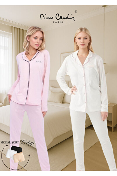 Pierre Cardin Kadın Giyim Pamuklu & Modal Uzun Kol Kutulu 2 Adet Gömlek Pijama Takımı (Modal Şort Hediyeli)