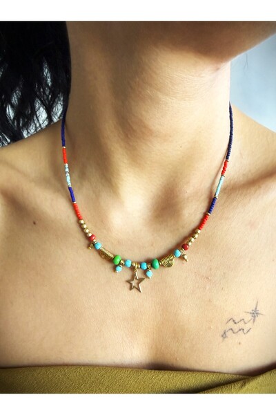dela otantik قلادة نجمة مصنوعة يدويًا من الخرز - مجوهرات عرقية أصلية متعددة ا...