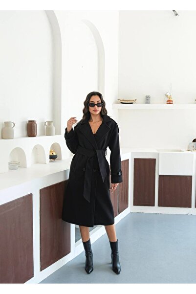 maf collection Жіночий чорний пальто з рукавами та поясом, застібається на ґу...