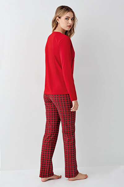 buHillco Arnetta Red Plaid Patterned Crew Neck Long Sleeve Women's Pajama Set