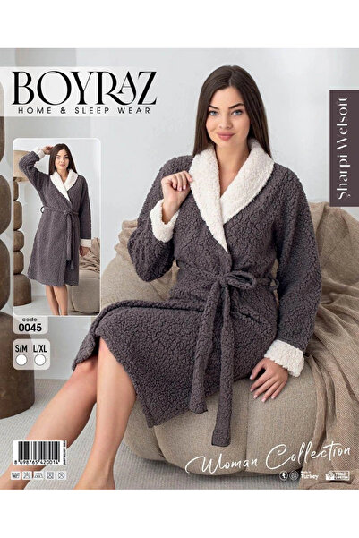 BOYRAZ Gray Welsolft Fabric Belted Women's Dressing Gown