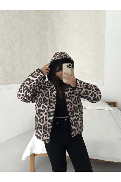 Pullaps Kapşonlu Fermuarlı Cepli Şişme Mont Leopar
