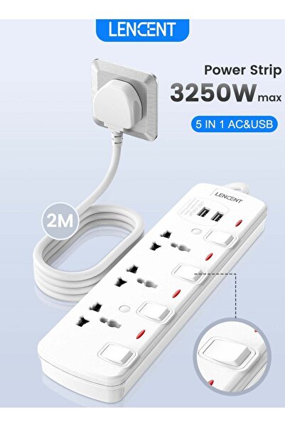 LENCENT 2M Universal Power Extension Cord with USB Slots, Versatile 3 Way Out...