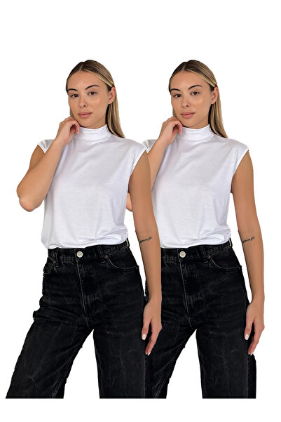 RDK Giyim Women's Zero Sleeve High Neck Bodysuit Set of 2 - White